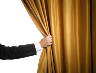 A man's hand in a formal suit opening a gold velvet stage curtain isolated on a white or transparent background.