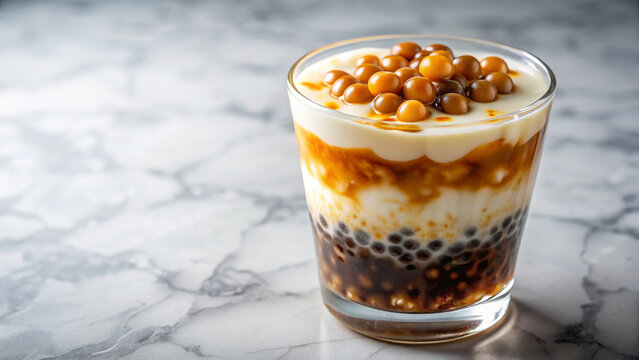 Delicious taho dessert layers presented in clear glass on elegant marble surface. Taho dessert layers showcase soft tofu, brown sugar syrup, and sago pearls.