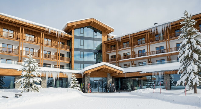 Modern ski resort hotel facade features wood, glass architecture. Winter setting, deep snow, icicles, frosted trees surround ski resort hotel facade. Ideal luxury travel.