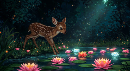 Cute fawn in a magical fantasy forest illuminated by vibrant glowing water lilies and soft firefly lights at night.