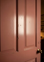 Close-up of a salmon-colored paneled door with brass handle and accents