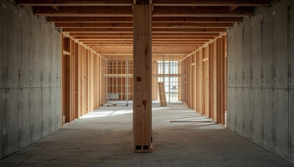 Construction site showing a timber support beam in progress during building framework installation