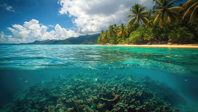 Beach with coral reef on south side of Upolu, Samoa Islands, as a natural shoreline feature
