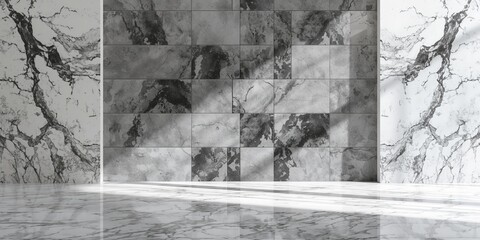 Fototapeta premium Interior stone surface featuring polished grey and silver marble with black graphic accents, suitable for modern decor