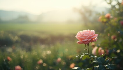 Pink rose blooming at farm in early morning light, suitable for botanical pattern backgrounds