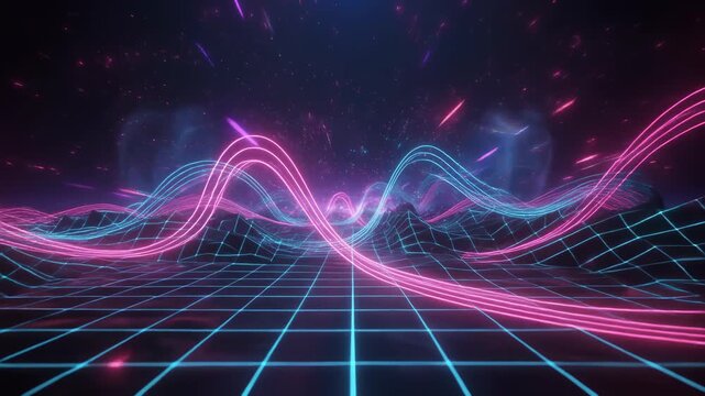 A vibrant 3d rendered retro-futuristic landscape features flowing neon pink and electric blue sine waves pulsating over a dark digital grid background.