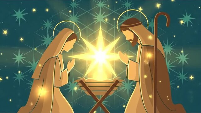 Woman and man kneel beside a glowing manger with child in a nativity scene for Christmas celebration or religious holiday.