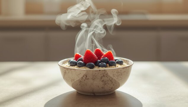 Bowl of oatmeal garnished with strawberries and blueberries, emphasizing healthy eating choices, National Nutrition Month - Powered by Adobe
