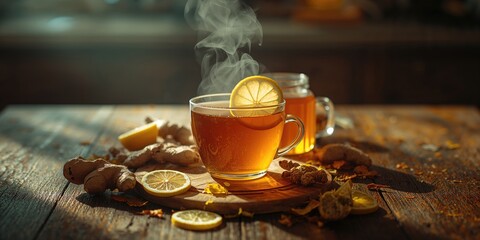 Ginger and lemon tea ingredients arranged on a table for immune support during fall, focusing on herbal health benefits