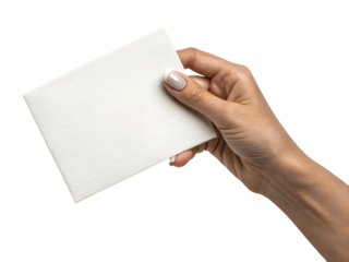 A hand holding a blank white booklet or brochure mockup for design presentation isolated on a white or transparent background.