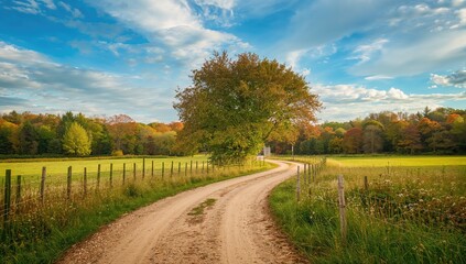 Curving rural pathway bordered by lush trees functioning as a transportation corridor through natural surroundings