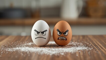 A pair of eggs showing dislike look at each other, highlighting breakfast plate composition and emotions, National Egg Day