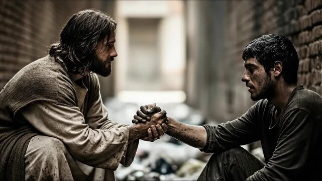 A Jesus offers comfort and support to another man in a dirty alley, showing empathy and connection in a challenging environment.