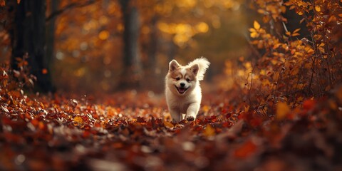 Purebred puppy enjoying a brisk walk in vibrant fall foliage, highlighting activity and seasonal scenery