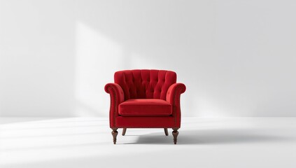 Red velvet armchair with wooden legs, designed for stylish living spaces, isolated on white background