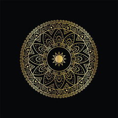 Intricate golden mandala design on a black background showcasing detailed symmetrical patterns