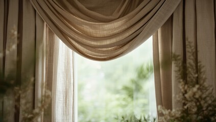 Linen curtain in neutral beige draped over a cornice, used as a window covering or decorative element