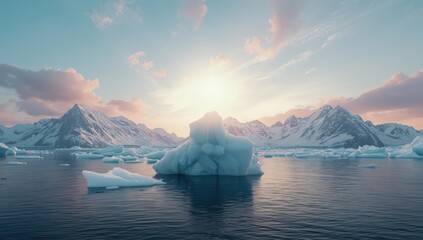 Glacial terrain in Antarctica with rugged ice cliffs and expansive snow plains, environmental preservation