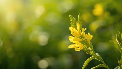 Detail of Caragana sinica blossom with vibrant yellow stamens, serving as a natural backdrop for layout and typography