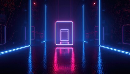 Digital render of luminous blue and red neon borders framing a mirror reflecting a futuristic cyberspace or parallel universe, high-tech concept