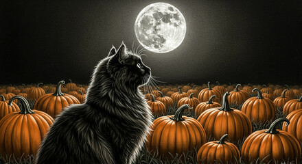 Black cat and full moon over pumpkin field.