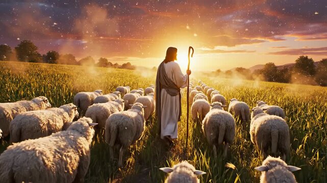 Jesus as shepherd leading large flock of sheep in golden field at sunset. Religious biblical concept.