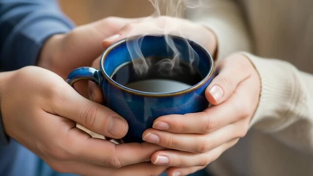 close-up of two hands gently holding a single, shared cup of hot steaming coffee, steam slowly rising 