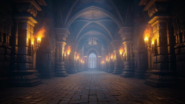 A dramatic digital render of an ominous, golden-lit medieval stone corridor, featuring massive pillars and torch sconces leading toward a distant light in an ancient castle dungeon.