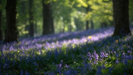 Obraz premium Serene bluebell forest during spring, suitable as a background for nature-themed layouts