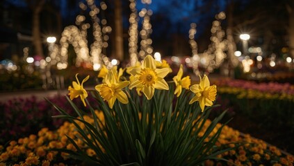 Nighttime shot of yellow daffodils and blooming flowers at a horticultural event, highlighting seasonal botanical display in Australia, World Environment Day