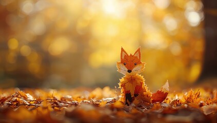 Childrens art project, fox shape crafted from natural maple leaves for autumn craft activity