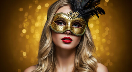 Woman in Golden Masquerade Mask with Sparkling Background
