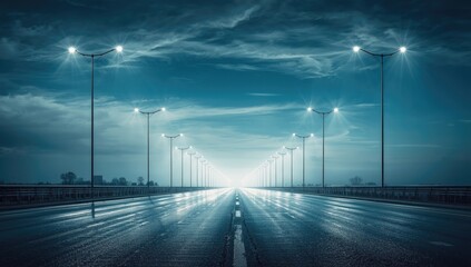 Road illuminated by spotlights against a blue sky backdrop, city street with bright lighting, Earth Day