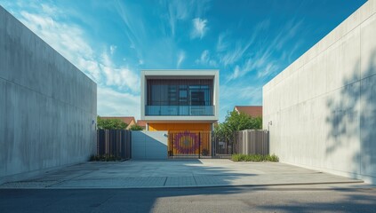 Modern housing complex with colorful walls, urban expansion, environmental awareness day