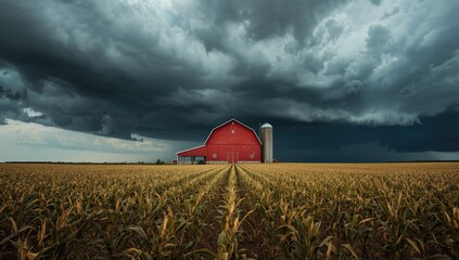 Stormy sky above rural farm with barn and silo, highlighting weather hazards in farming environments