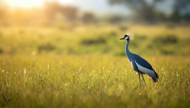 Graceful blue crane wading through shallow water, illustrating habitat preservation and bird behavior during migration