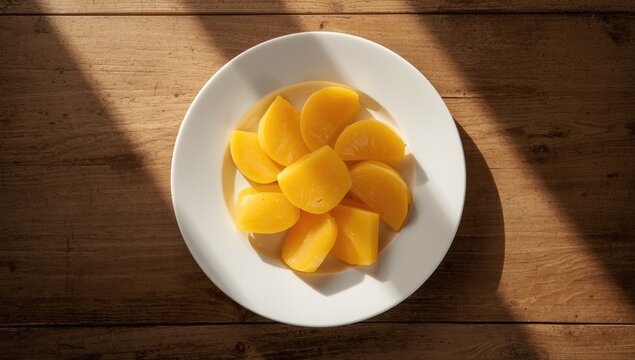 Cheese slices arranged on a white dish on a wooden surface, highlighting food presentation and portion control