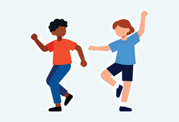 Fototapeta premium Two children, diverse in skin tone, joyfully dancing or celebrating with raised arms