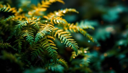 Lush green fern plants growing in a dense cluster with water droplets on the fronds and soft sunlight filtering through the woodland canopy.
