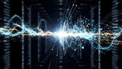 Data Stream Explosion: Futuristic Network Connection with Glowing Particles, Digital Waveform, Server Room Background, Bright Light Effects, 3D Render