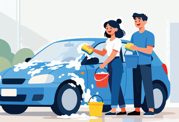 A smiling couple washes a blue car, using sponges and buckets full of soap suds