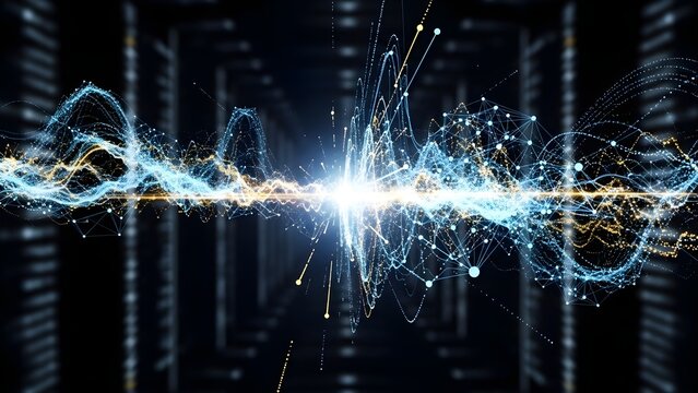 Data Stream Explosion: Futuristic Network Connection with Glowing Particles, Digital Waveform, Server Room Background, Bright Light Effects, 3D Render - Powered by Adobe
