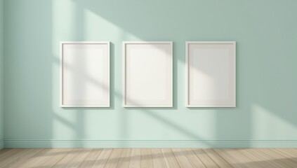 Minimalist display of three empty picture frames hanging on a mint-colored wall, suitable for editorial backdrops