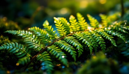 Detailed macro shot of a vibrant green fern leaf illuminated by golden sunlight in a lush forest with morning dew drops and soft bokeh background.