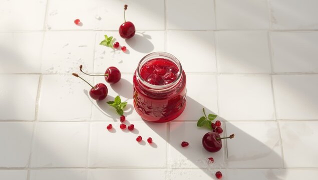 Closeup of a cherry compote in a glass jar alongside fresh ingredients on a white tiled surface, focusing on food preparation
