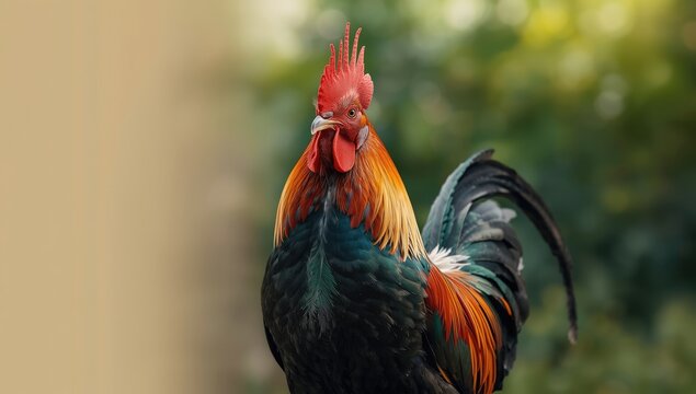 Vividly painted cockerel figure serving as a garden decoration, highlighting outdoor ornamentation