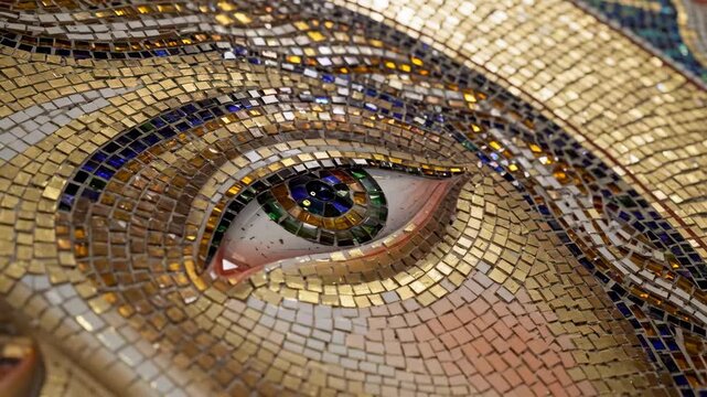 Golden mosaic detail of a woman eye, creating an artistic and religious design element with shimmering tesserae.