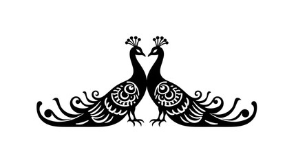 two peacocks sitting together in pure black and white