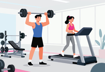 Fototapeta premium Man lifts weights while woman runs on treadmill in a modern gym