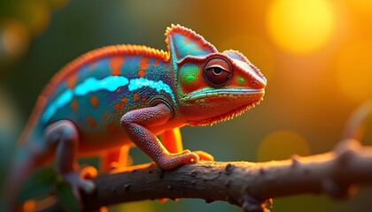 Close up portrait of a vibrant multi colored chameleon perched on a tree branch with a warm sunset bokeh background showcasing detailed reptilian skin textures.